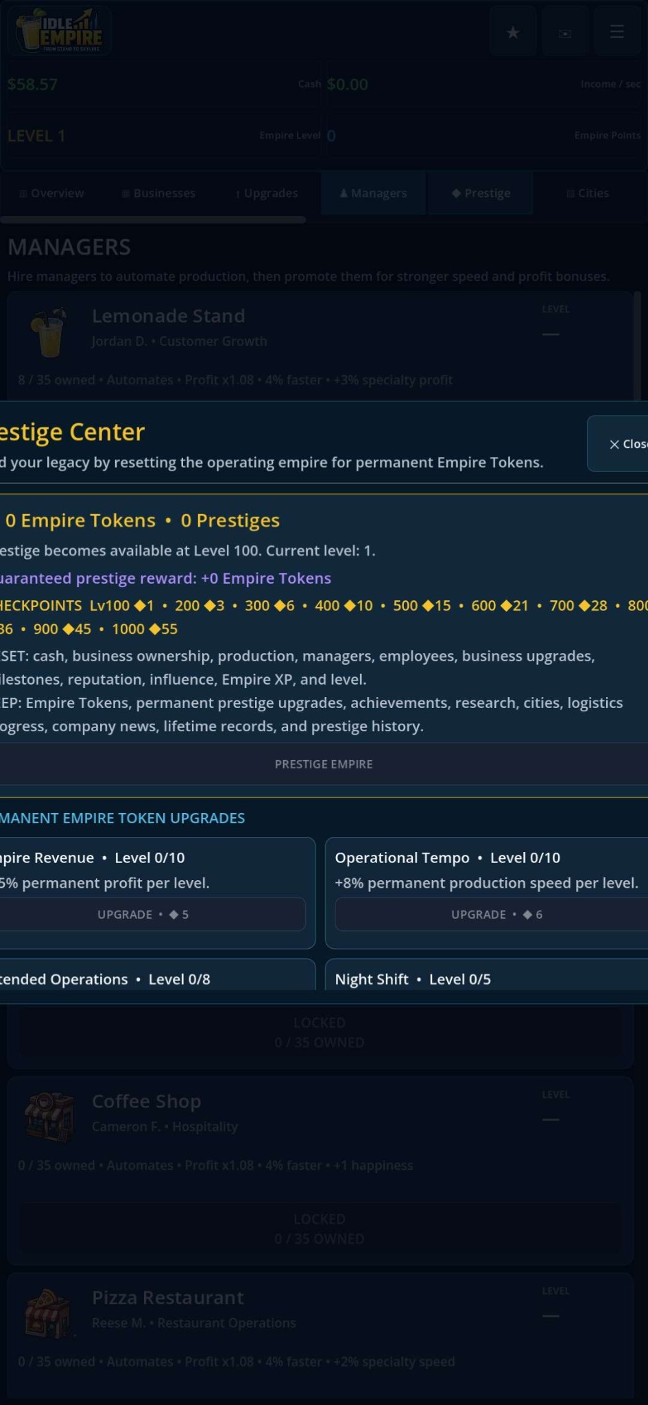 Idle Empire business management screen